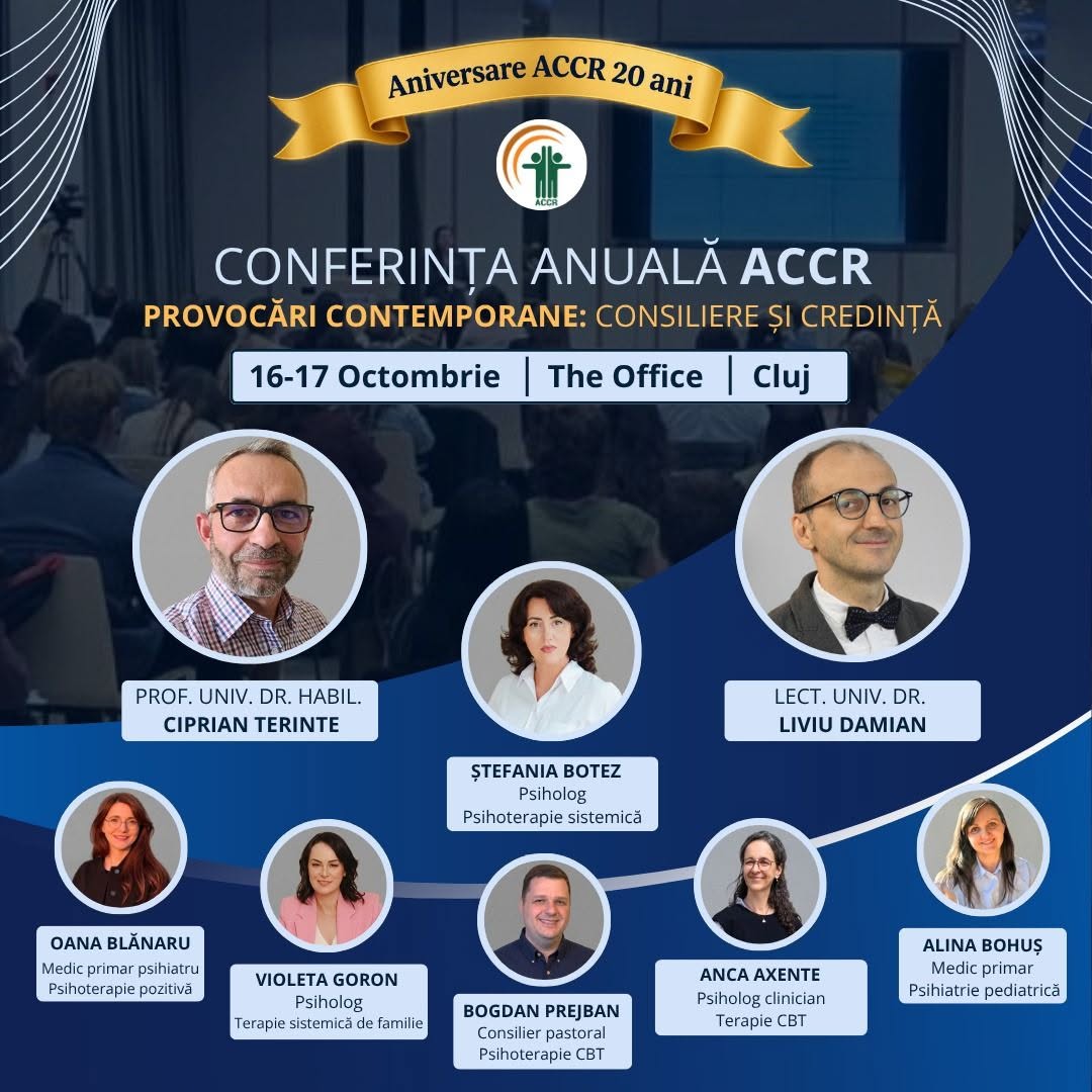 Afișul conferinței anuale ACCR 2026, „Provocări contemporane: consiliere și credință”, 16-17 octombrie, The Office Cluj